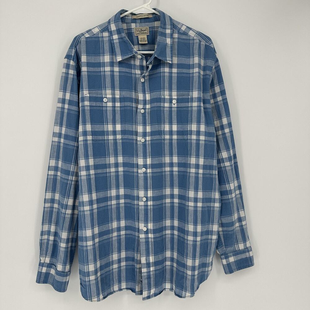 LL Bean Linen Cotton Plaid Button Up Shirt Mens XLT Slightly Fitted Lightweight